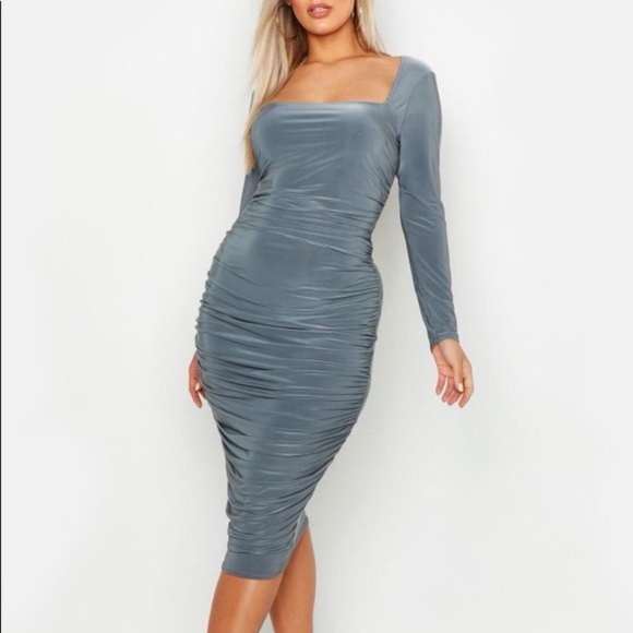 NWOT Boohoo Ruched Gunmetal midi dress - Picture 1 of 10